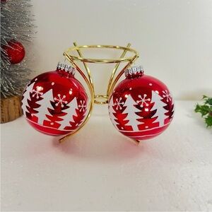 Vintage Red Christmas ornament balls white stenciled trees & snowflakes set of 2